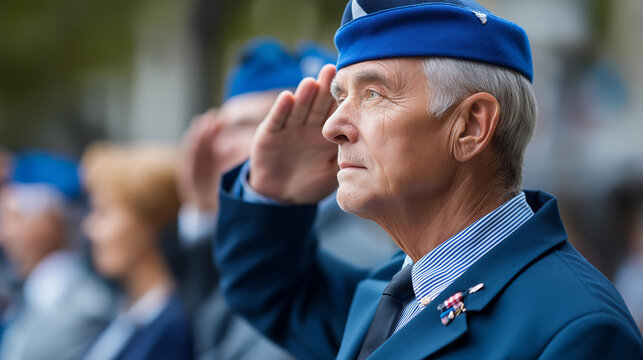 Group of veterans saluting the flag during a Memorial Day parade with blurred background, patriotic community concept, with copy space