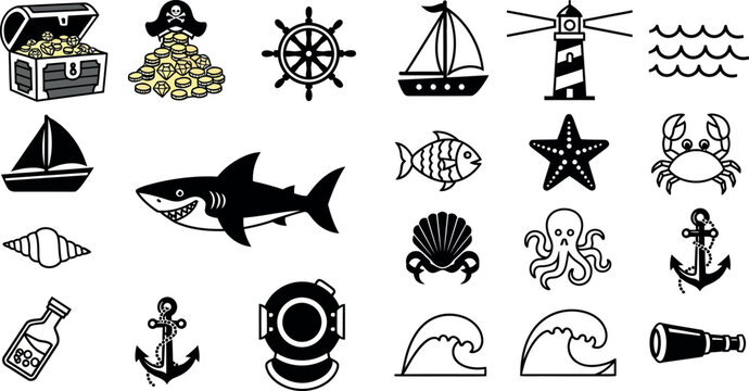 Nautical treasure chest, pirate coins, ship wheel, sailboat, lighthouse, waves, shark, fish, starfish, crab, shell