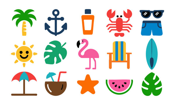 Minimal tropical summer icon set beach elements vector illustration.