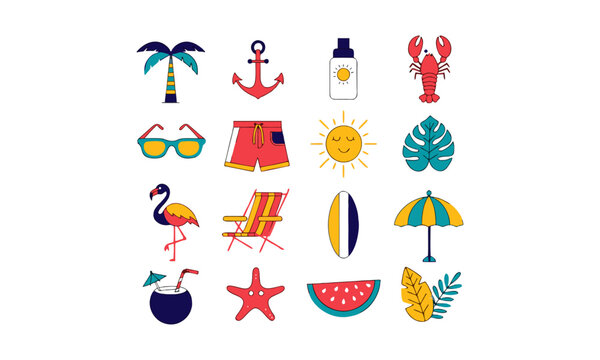 Tropical vacation beach icons collection flat vector illustration.