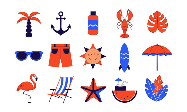Summer tropical icon collection beach elements vector illustration.