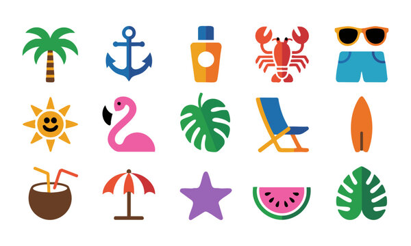 Flat tropical beach icons set summer vacation vector illustration.
