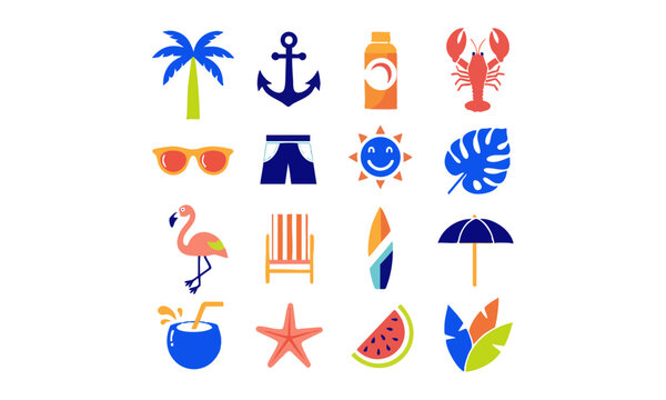 Tropical summer beach icon set flat vector illustration.