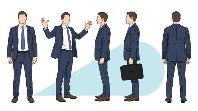 Character design sheet of a professional businessman in a blue suit showing front, side, back, and action poses.
