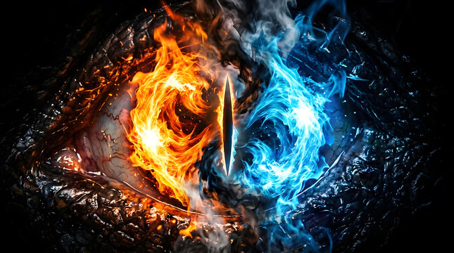 Fiery orange and icy blue flames surround a mystical, reptilian eye
