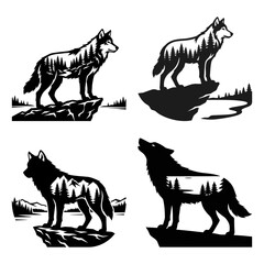 Fototapeta premium Wolf mountain cliff silhouette set with alpine forest