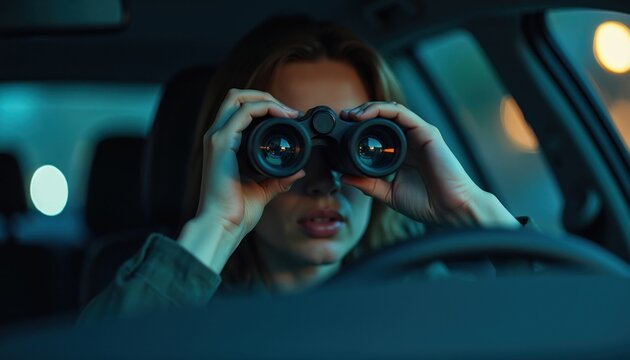 Woman driver in car looks through binoculars at night. Private investigator searches for clues or evidence. She observes target, seeking truth in covert operation.