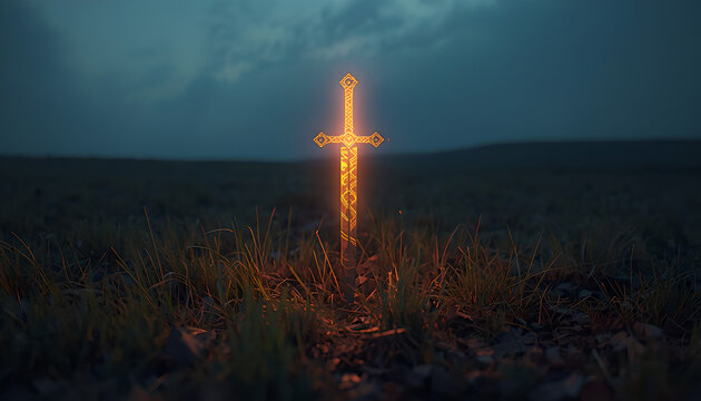 Ancient Sword in Ground with Glowing Aura in Open Field