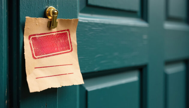 Paper notice attached to a teal door with red border. The notice suggests tax issues or property ownership problems requiring attention. Represents financial hardship or legal matters.