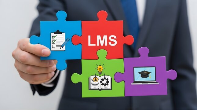 Businessman presenting learning management system puzzle concept with icons for checklist curriculum and graduation on colorful blocks for modern educational technology and corporate staff training