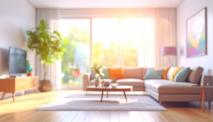 Fototapeta premium 明るくカラフルなリビングルームのぼやけたイメージ画像 ソフトフォーカス