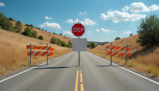 Empty road with orange, white striped barriers, red stop sign ahead. Barricades signal dead end closed path. Landscape shows dry hillsides under blue sky with clouds. Image suggests obstacles,