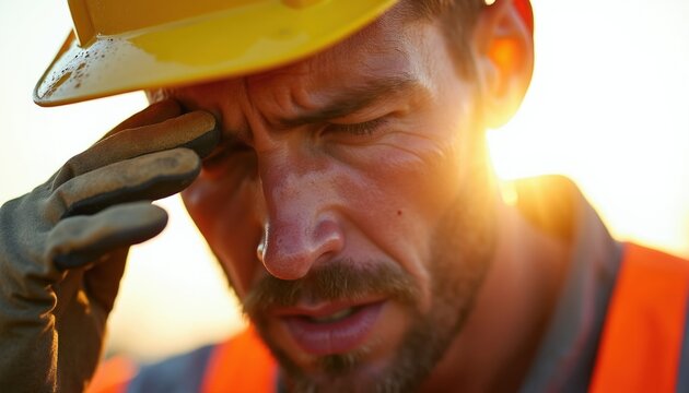Construction worker wipes sweat from his brow under hot sun. Man wears hard hat safety vest. Feels fatigue on demanding job. Exhausted labor on building site.