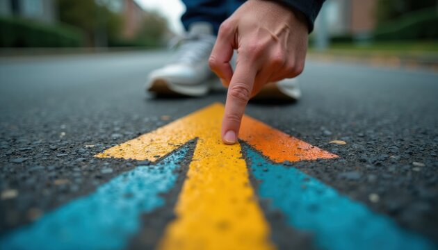 Person points finger at yellow arrow on pavement. Colorful direction illustration shows path forward. Future choices decision making, strategy planning, guidance concept.