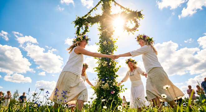 Four happy women in white dresses and flower crowns holding hands and dancing around a tall decorated Midsummer pole