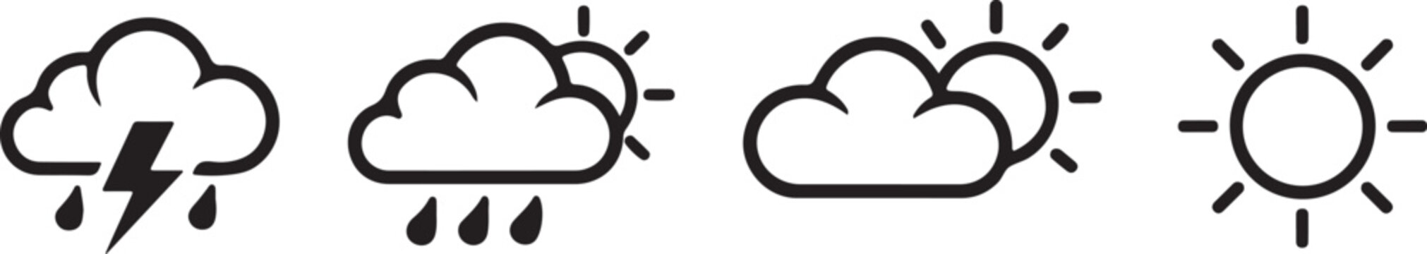 Sequence of four weather icon vector eps set showing storm clearing thundercloud cloud with sun and full sun in thick black outline style