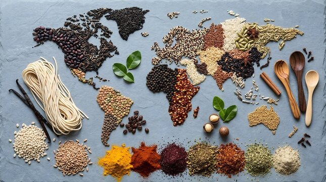 World map made of diverse spices and grains, global cuisine ingredients, international food concept, culinary map of spices and foods