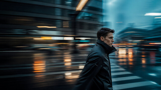 rainy crosswalk at night, few sharp businessmen with works in foreground