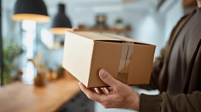 A person holds a cardboard delivery box in a modern kitchen setting symbolizing online shopping e-commerce and home delivery services with a warm inviting atmosphere