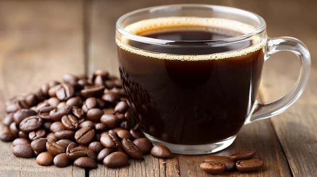 A steaming cup of rich black coffee sits beside a pile of roasted coffee beans on a rustic wooden table evoking warmth and morning energy