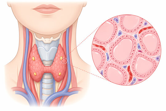 Thyroid gland anatomy with parathyroid and follicle detail
