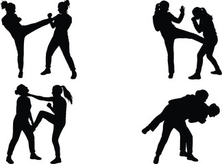 Fototapeta premium Black Silhouette Set of Two Women Practicing Self Defense Techniques Including Kicking and Grappling Moves Isolated on a White Background for Martial Arts Design Concepts