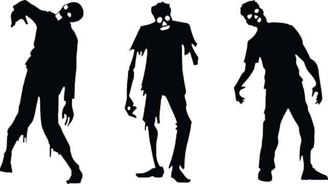 Set of three black silhouette zombies walking, featuring scary undead characters isolated on a white background, perfect for horror, Halloween, and dark fantasy graphic designs