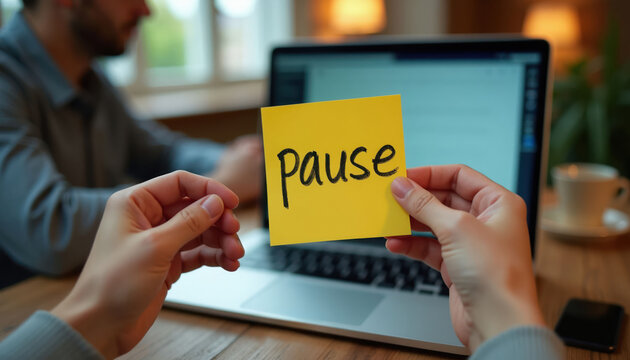 Person holds yellow sticky note with word pause above laptop. Another person sits behind blurred. Work desk has cup and phone. Time to rest.