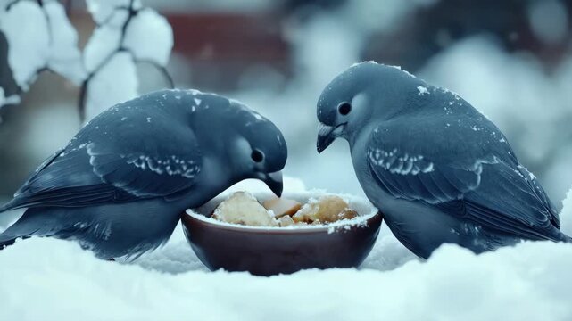 Two pigeons enjoying a meal together despite the snowy weather.