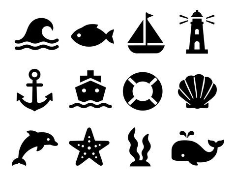Sea and Marine Icon Set Monochrome (Wave, Fish, Yacht, Lighthouse, Anchor, Dolphin, Whale and More)

海のモノクロピクトグラムアイコンセット（波・魚・ヨット・灯台・碇・イルカ・クジラほか）