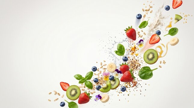 Creative Food Background with Floating Fruits and Copy Space for Ads