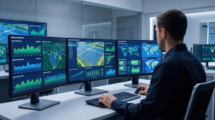Male operator monitoring global renewable energy grid status on multiple computer screens in modern control room, solar and wind power data analytics dashboard display interface