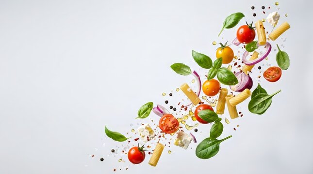 Creative Pasta Food Background with Floating Ingredients Copy Space for Ads