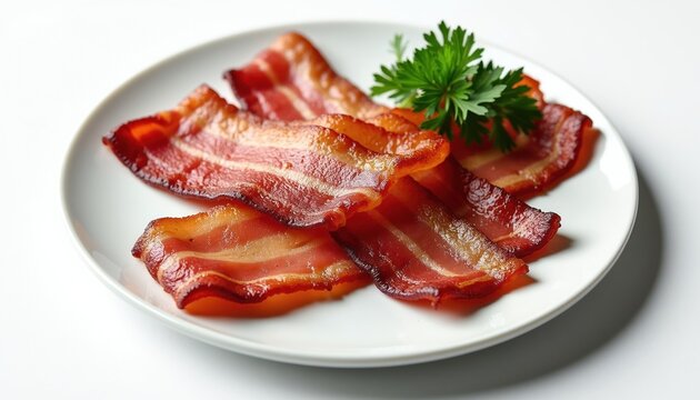 Thick cut pork bacon slices are fried crispy on a white plate with parsley. They are a delicious breakfast meal ready to eat for lunch or dinner.