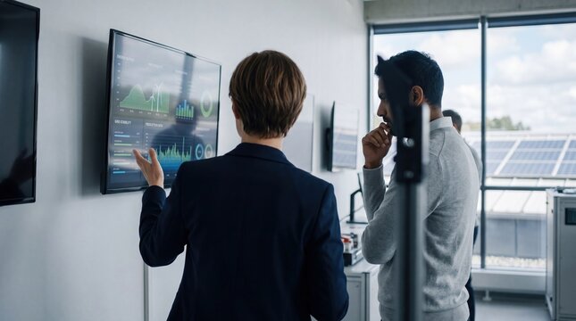 Colleagues discussing energy efficiency dashboard on wall-mounted screen in control room, monitoring renewable power generation from solar panels visible through window in