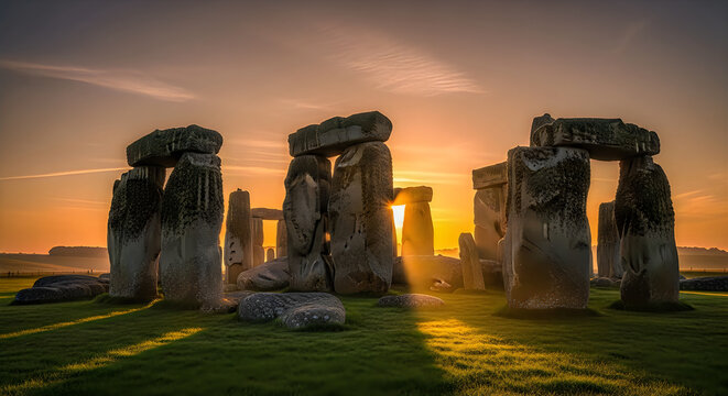 Ancient stone circle monument at sunrise, prehistoric megalithic structure in golden hour light, historic archaeological site with standing stones