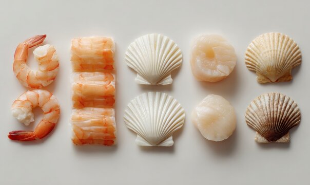 White background with fresh seafood: shrimp, scallops, and raw fish slices