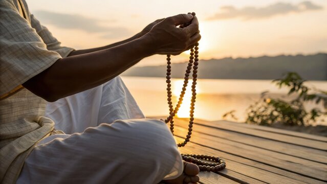 Meditation beads held by person sitting near water at sunset in india yoga retreat travel for peaceful spiritual practice