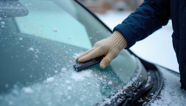 Person in warm glove scrapes ice and snow from car windshield. Man prepares vehicle for safe winter driving. Outdoor winter scene with frosty car window and icy surface.