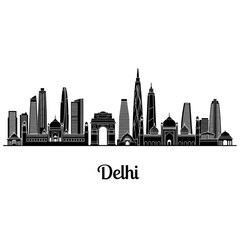 Fototapeta premium A black and white vector graphic illustration of the Delhi city skyline with various buildings and monuments