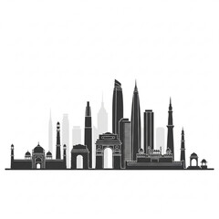 Obraz premium A black and white vector graphic illustration of the New Delhi city skyline, featuring iconic landmarks and modern skyscrapers in a flat, minimalist design