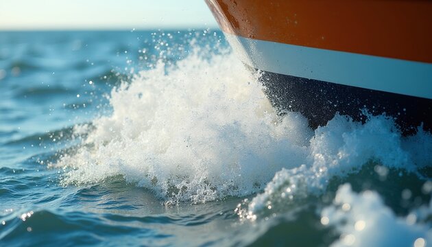 Boat hull cuts through blue ocean water creating white splashes. Active sea travel, dynamic movement and droplets flying with speed on sunny day.