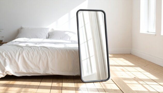 A full-length, freestanding mirror with a black frame stands in a sunlit bedroom next to a neatly made bed