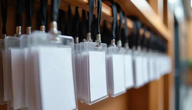 Blank ID cards hang on lanyards in a row. These are prepared for event participants for access and identification. Ready for custom printing at a meeting.