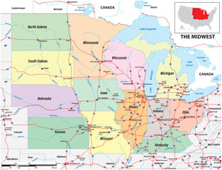 Obraz premium Map of the Midwest region of the United States