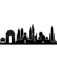 Obraz premium A black and white vector graphic illustration of the New Delhi city skyline, featuring iconic landmarks like the India Gate and modern skyscrapers in a minimalist flat design style.
