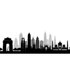 Obraz premium A black and gray silhouette of a city skyline with various buildings and landmarks