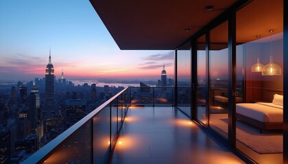 Obraz premium Luxury penthouse balcony at twilight overlooks Manhattan skyline. Modern apartment interior visible, city lights glow. Glass railing, ambient floor illumination, city view.