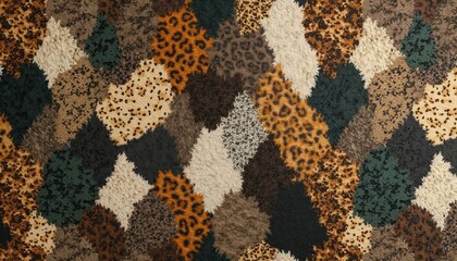 Obraz premium Patchwork pattern with wild animal fur textures. Leopard cheetah giraffe zebra tiger spots and plain faux fur create varied animal print background. Diverse animal skins assembled for fashion textile.
