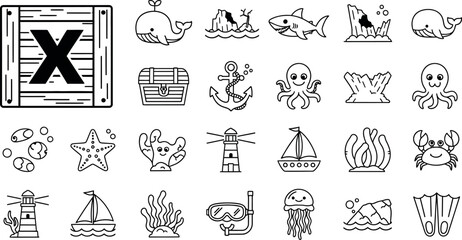 Collection of black and white line depicting marine life and nautical ocean © GR Graphics